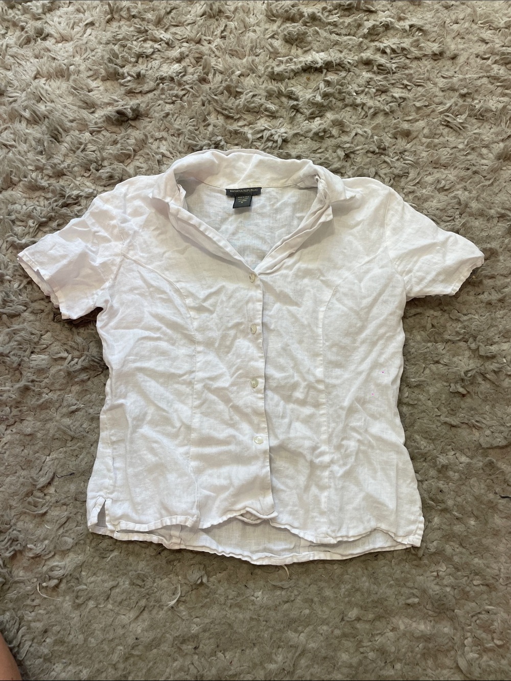 Banana Republic White Short Sleeve Button-Down Linen Blend Shirt
